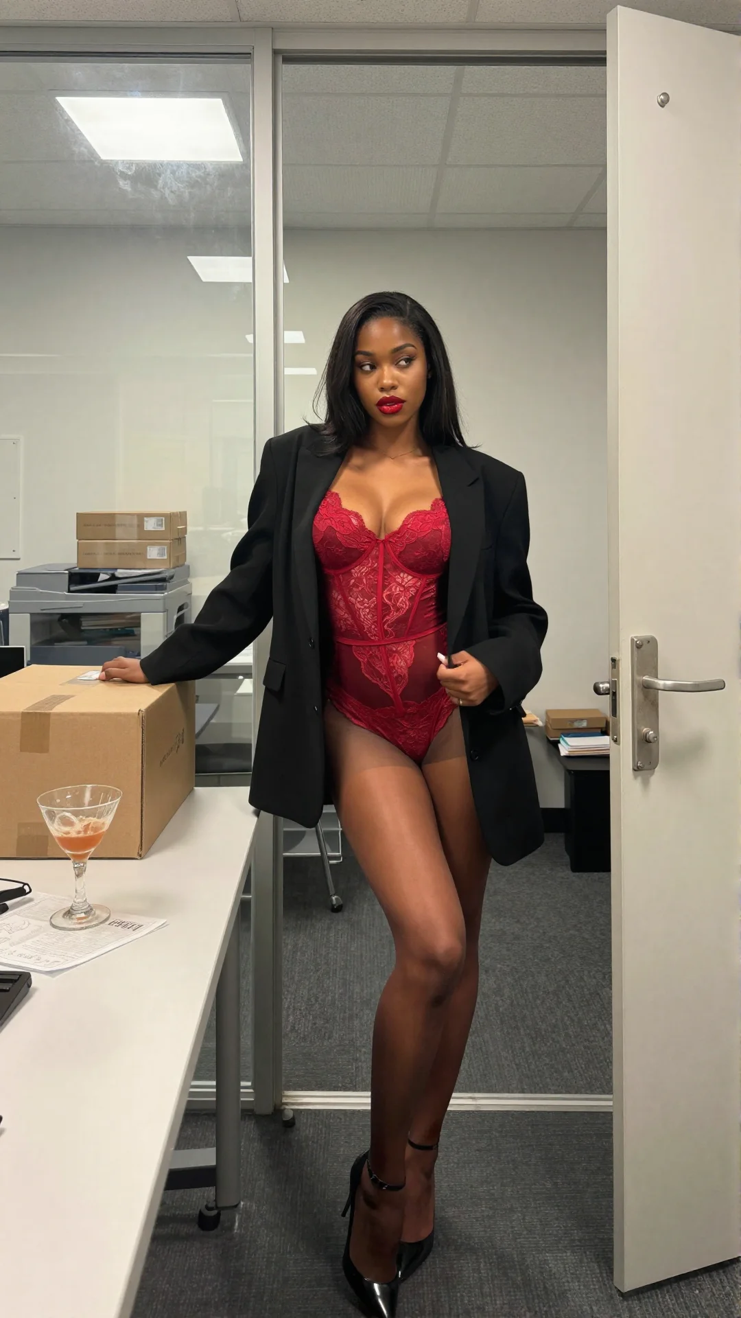 Blonde woman in a red mini dress standing in a hallway
