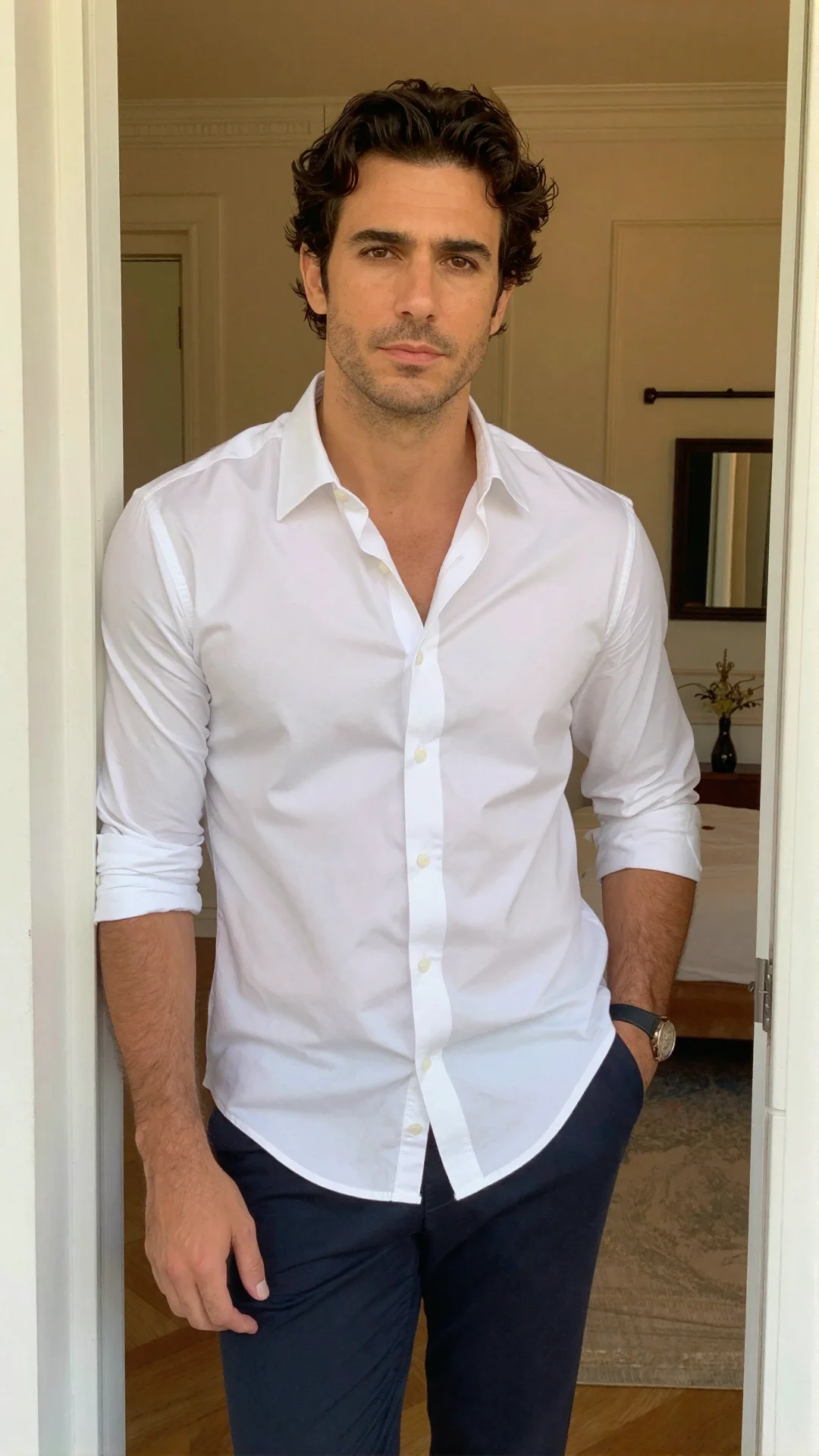 Serious Portuguese man in a half-buttoned white shirt at an apartment doorway