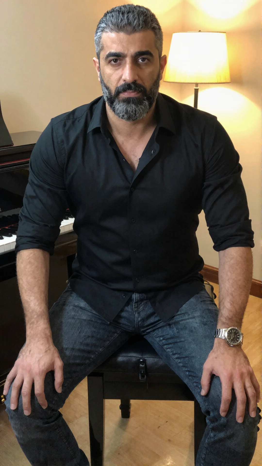 Serious Persian man in an open black shirt sitting on a piano bench