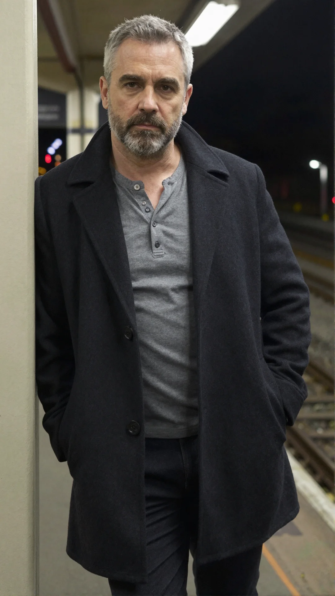Serious Scottish man in an open wool coat and henley on a station platform at night