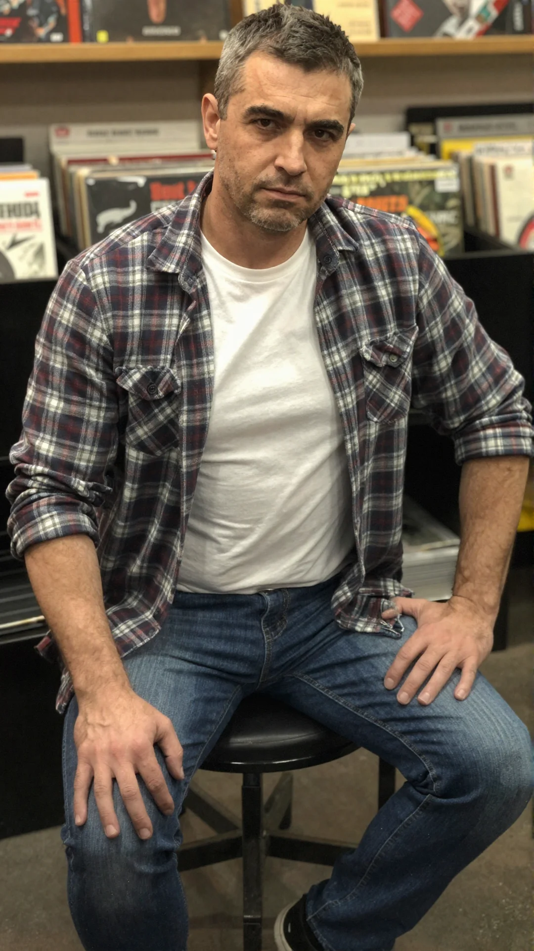 Serious Croatian man in an open flannel shirt on a stool in a record shop