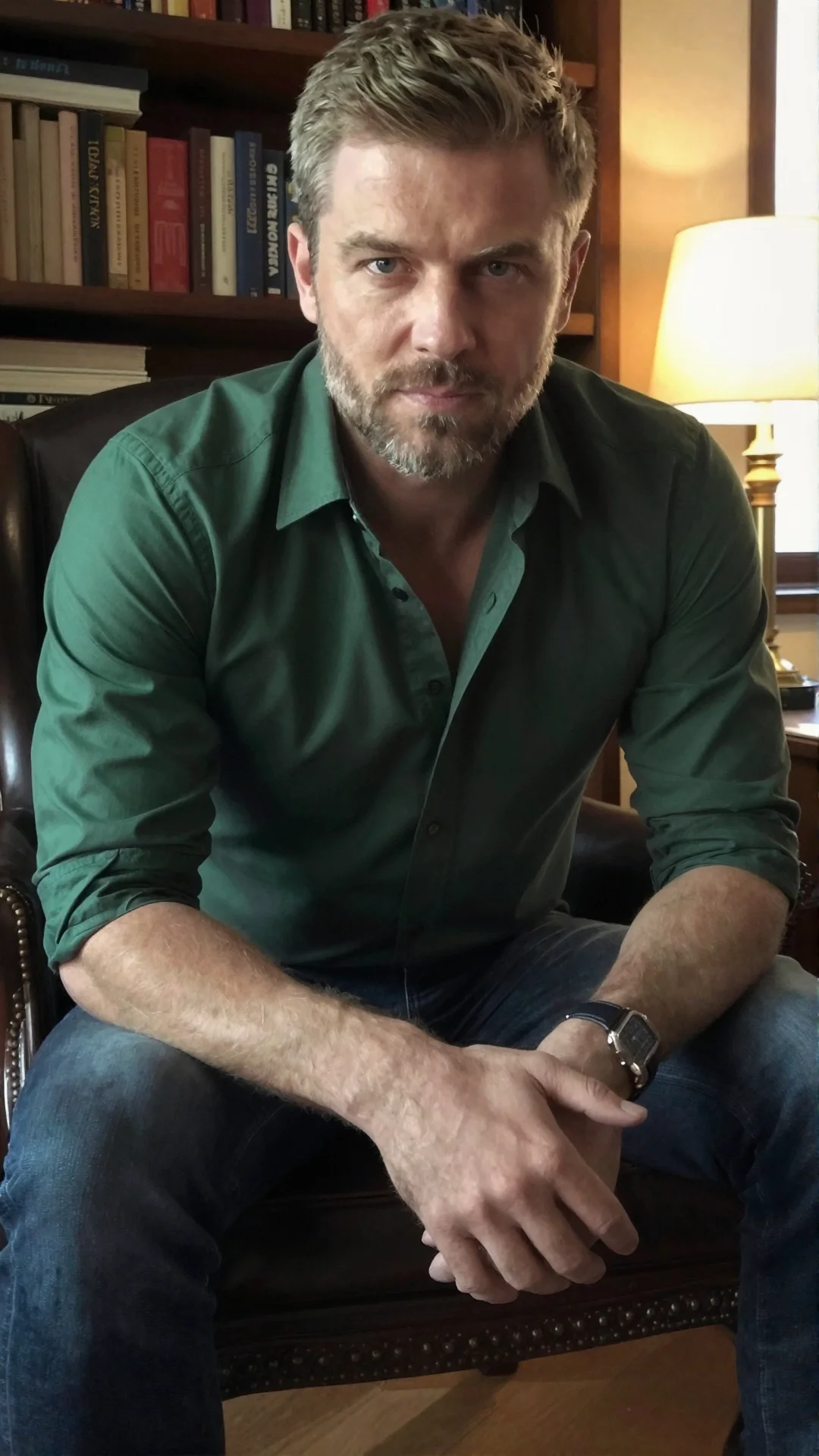Serious Ukrainian man in an open green shirt in a leather armchair in a study