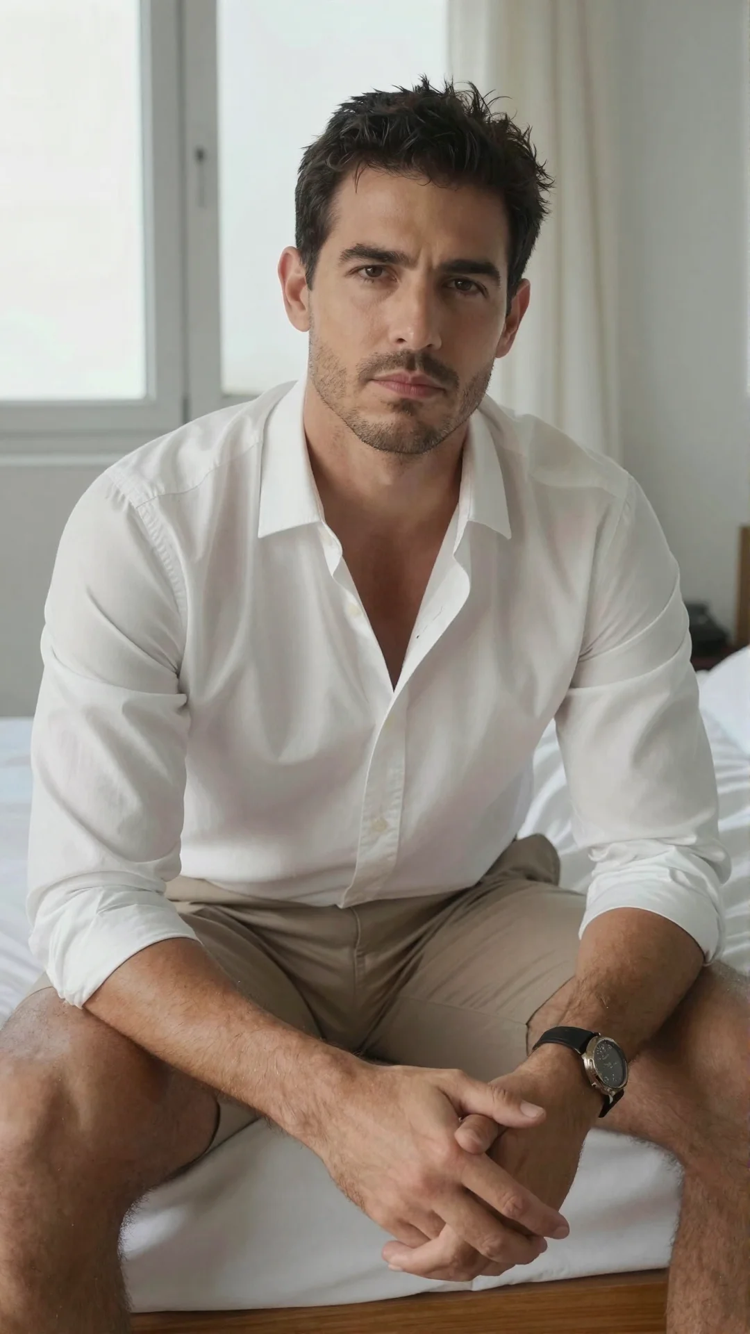 Serious Colombian man in an open-collar white shirt sitting on a bed edge at dawn