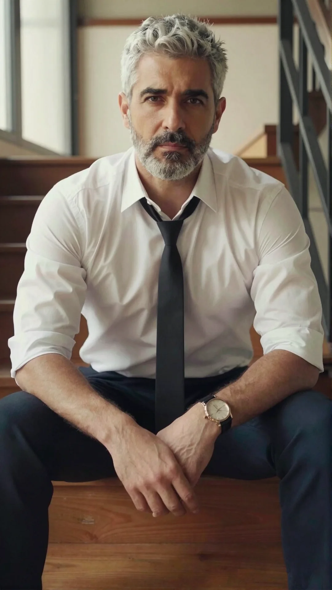 Serious Chilean man in an open white shirt with a loosened tie sitting on loft stairs
